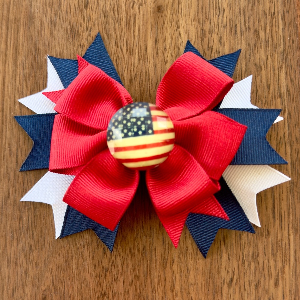 Red/White/Blue Flag Embellished Hair Bow with Clip - Handmade by Me - Picture 6 of 6
